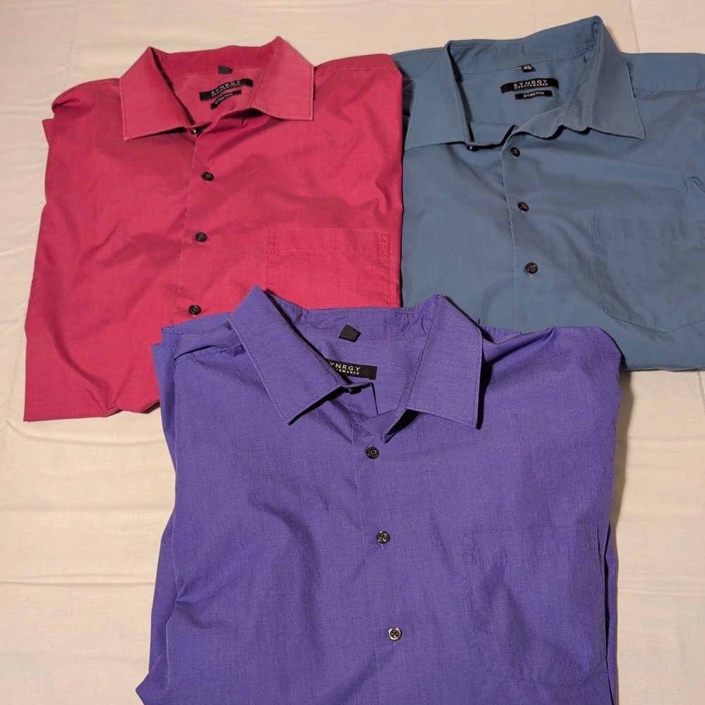 Lot of 3 SYNRGY Performance Stretch Dress Shirts Mens 18.5 35/36 Pink Blue Purp